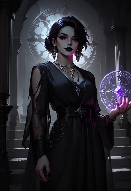 score_9, score_8_up, highly detailed, score_7_up, easynegative, concept art, realistic, dark theme, perfect quality, highly detailed, low light, face focus, anatomically perfect, handfixer
cowboy shot, gothic fantasy style, wide gothic grey marble staircase, outdoor scene,
1girl, 30 years old woman, tall regal figure, slender body, angelic beauty, pale skin, barefoot, slightly torn elegant long black robes, holes in robe, dark black messy hair, waist length hair, sharp nose, diamond nose stud, dark eyes, almond shaped eyes, black nail polish, standing at top of the staircase, black lipstick, soft smile, silver ring with ruby stone, silver diamond earrings, silver necklace with ruby medallion, looking at viewer, holding purple magical runes in each hand, Glowing Runes, Glowing Rune Circle