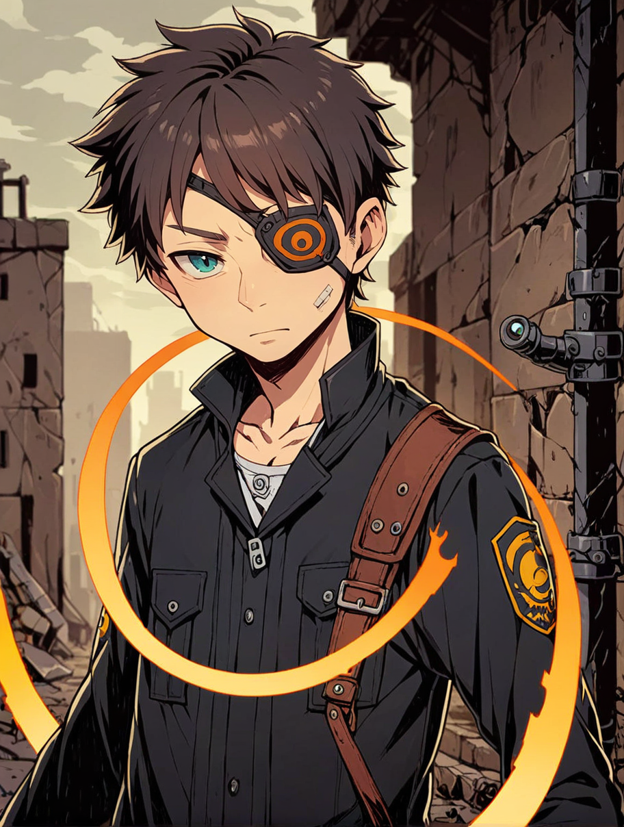 young boy,black uniform,unlight,portal,weapon,solo,eyepatch, 
looking at viewer,depth of field,ruins, close-up
<lora:Perfect Hands:1> <lora:Unlighté£æ ¼:0.6>, score_9, score_8_up, score_7_up, score_6_up, score_5_up, score_4_up,zPDXL