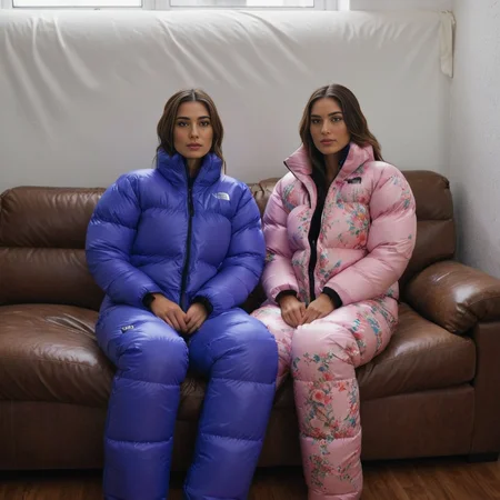 (full body shot) cute two spanish tall women wearing Vintage floral prints tnf_nuptse jacket and thick puffy double layered tnf_nuptse parkasite downsuit glosssuit, hyperdetailed photography,4k textures,intricate details,4k resolution <lora:pufferdown_tnf_nuptse:0.5>, sitting on a couch, in a dark room, cinematic still <lora:Parkasite_XL-000010:0.6>