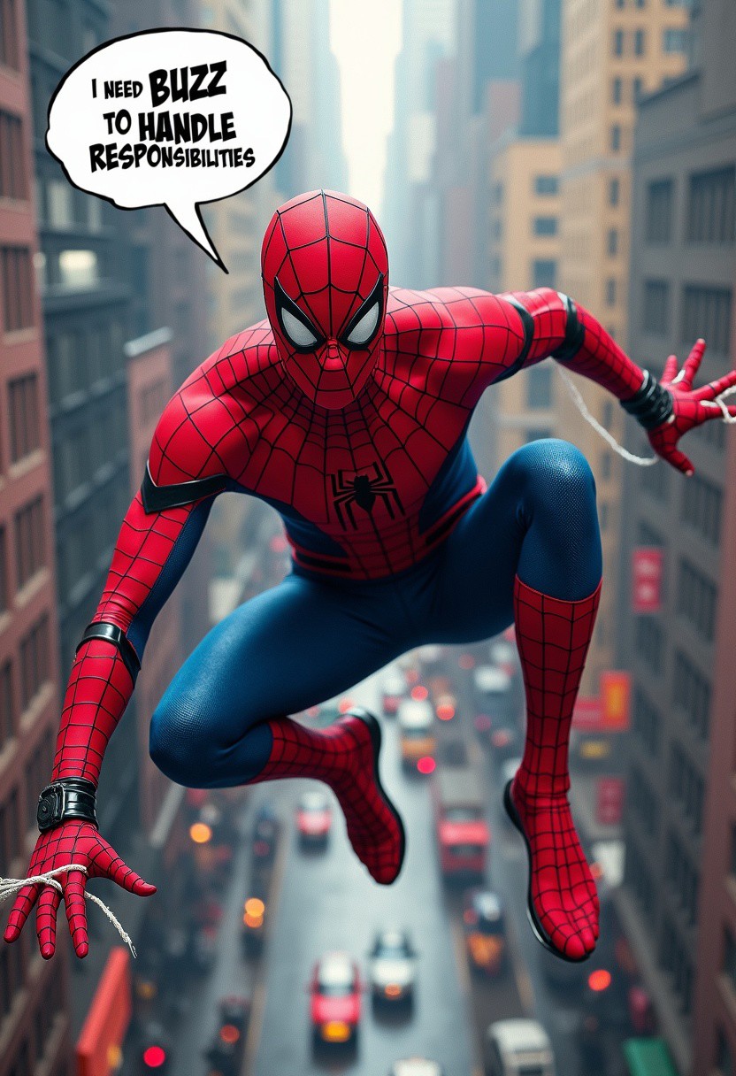 A man in a Spider-Man costume swings high above the bustling New York City skyline, using his web to navigate between skyscrapers. His expression shows determination, while a comic-style thought bubble above him reads, 'I need BUZZ to handle responsibilities.' The cityscape below is vibrant, filled with iconic buildings and lively streets, creating a sense of height and adventure. The image captures the feeling of speed, with motion blur on his web and suit details, adding energy to his flight across the city.