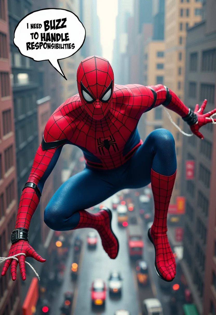 A man in a Spider-Man costume swings high above the bustling New York City skyline, using his web to navigate between skyscrapers. His expression shows determination, while a comic-style thought bubble above him reads, 'I need BUZZ to handle responsibilities.' The cityscape below is vibrant, filled with iconic buildings and lively streets, creating a sense of height and adventure. The image captures the feeling of speed, with motion blur on his web and suit details, adding energy to his flight across the city.