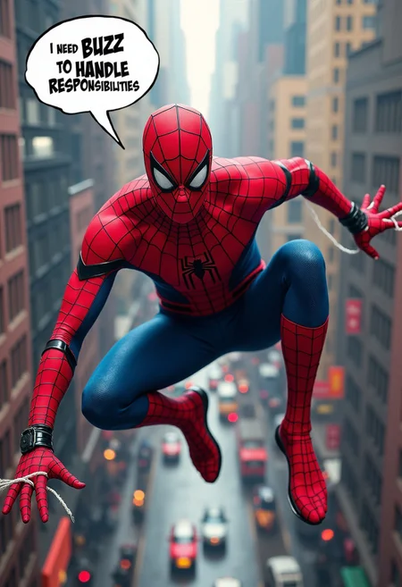 A man in a Spider-Man costume swings high above the bustling New York City skyline, using his web to navigate between skyscrapers. His expression shows determination, while a comic-style thought bubble above him reads, 'I need BUZZ to handle responsibilities.' The cityscape below is vibrant, filled with iconic buildings and lively streets, creating a sense of height and adventure. The image captures the feeling of speed, with motion blur on his web and suit details, adding energy to his flight across the city.