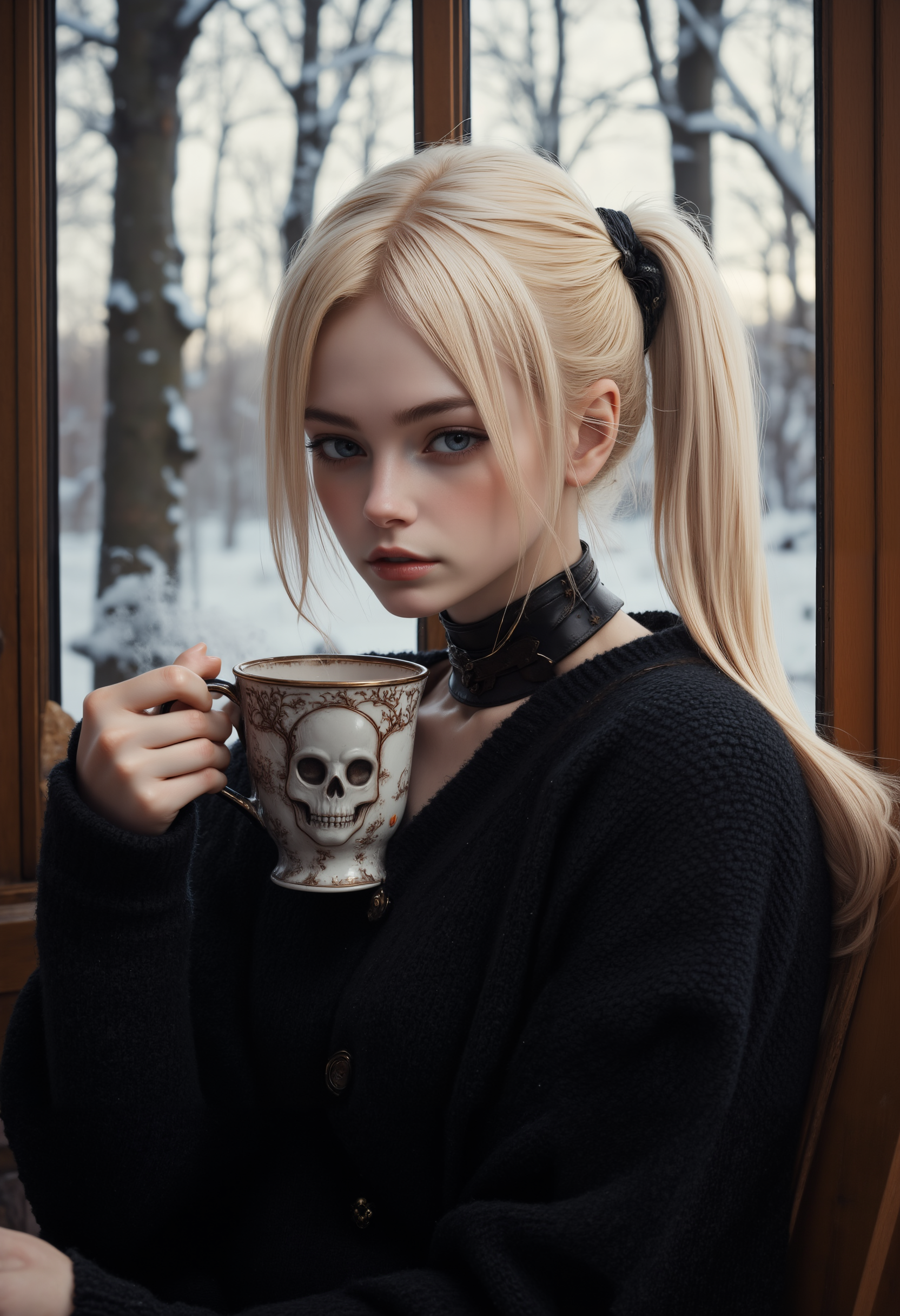portrait of a beautiful 20-years-old european goth women with long, straight blonde hair with a ponytail, large round blue grey eyes, glossy lips, pale skin.
She seats on a rocking chair, a large frameless window on her side.
She wears a long strapless very loose-knit thick black wool tight sweater with a deep v-line, short thick wool socks, a black leather chocker.
The background is an old hunters cabin, the girl holds a steaming hot large cup of cocoa by the handle, close to her mouth as she's about to drink. the cup is decorated with skulls drawings
Outside the window a beautiful snwoy scene on a sunny day
dreamwave, aidmaMJ6.1