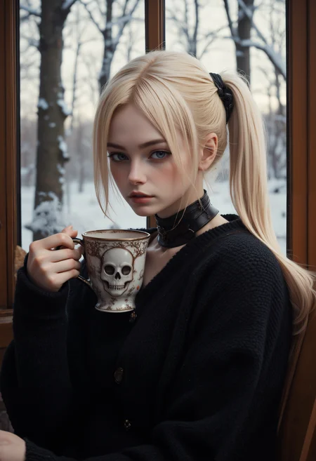 portrait of a beautiful 20-years-old european goth women with long, straight blonde hair with a ponytail, large round blue grey eyes, glossy lips, pale skin.
She seats on a rocking chair, a large frameless window on her side.
She wears a long strapless very loose-knit thick black wool tight sweater with a deep v-line, short thick wool socks, a black leather chocker.
The background is an old hunters cabin, the girl holds a steaming hot large cup of cocoa by the handle, close to her mouth as she's about to drink. the cup is decorated with skulls drawings
Outside the window a beautiful snwoy scene on a sunny day
dreamwave, aidmaMJ6.1