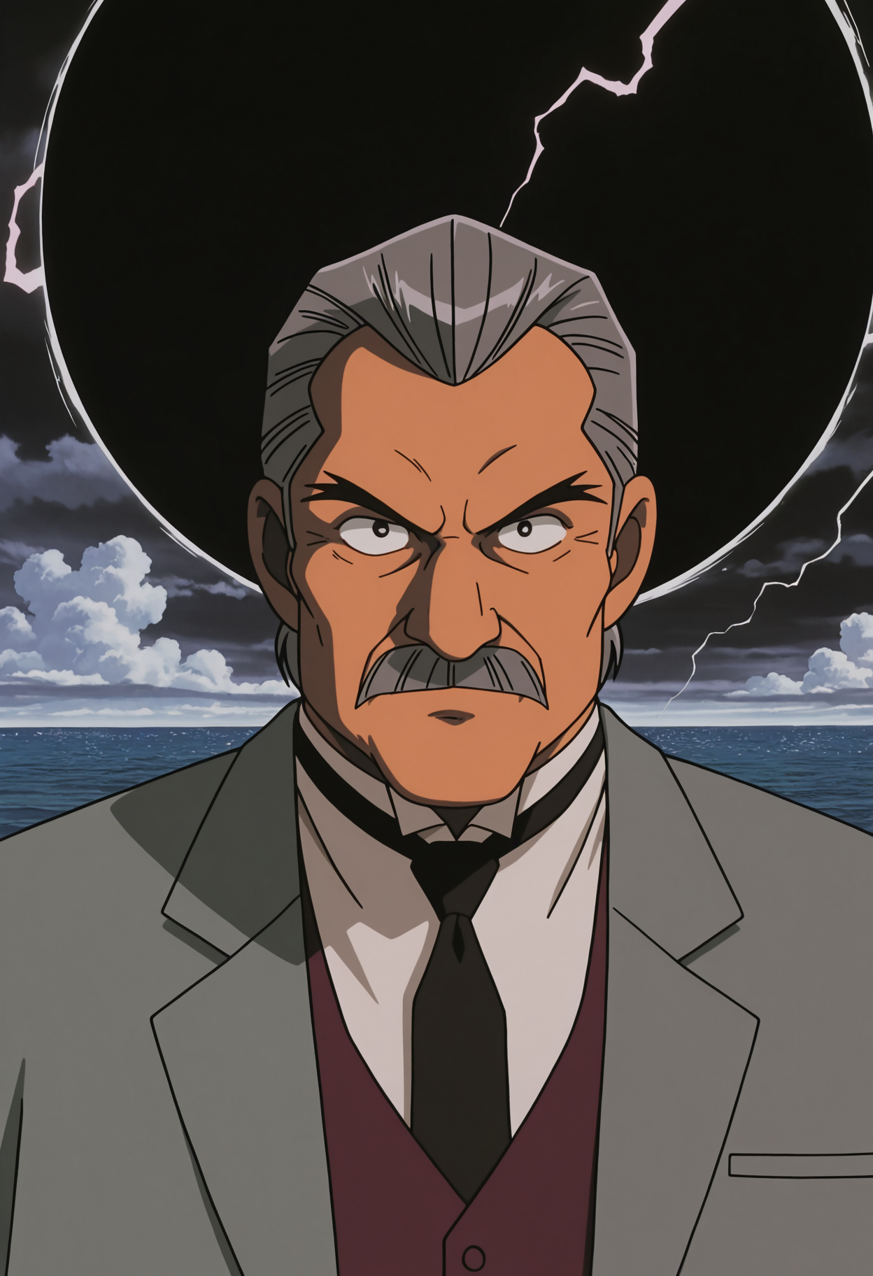 lazypos, 1boy, (portrait:1.5), ocean, black hole, lightning, looking at viewer, facing viewer, cloudy sky,
<lora:Colonel_Moran_from_Detective_Conan_The_Phantom_of_Baker_Street_v1.0:1> pectorals,
dc02moran, old man, grey hair, hair slicked back, thick mustache, forked eyebrows,
grey suit, maroon vest, white shirt, black necktie, black footwear,
retro artstyle, 2000s \(style\), anime screenshot,