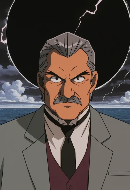 lazypos, 1boy, (portrait:1.5), ocean, black hole, lightning, looking at viewer, facing viewer, cloudy sky,
<lora:Colonel_Moran_from_Detective_Conan_The_Phantom_of_Baker_Street_v1.0:1> pectorals,
dc02moran, old man, grey hair, hair slicked back, thick mustache, forked eyebrows,
grey suit, maroon vest, white shirt, black necktie, black footwear,
retro artstyle, 2000s \(style\), anime screenshot,