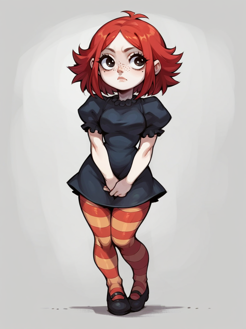 score_9, score_8_up, score_7_up, score_6_up, score_5_up,   <lora:RubyGXLP_r1:1> rubyg, red hair, 1girl, freckles, solo, striped pantyhose, dress, curvy,