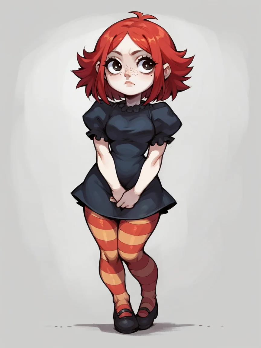 score_9, score_8_up, score_7_up, score_6_up, score_5_up, <lora:RubyGXLP_r1:1> rubyg, red hair, 1girl, freckles, solo, striped pantyhose, dress, curvy,