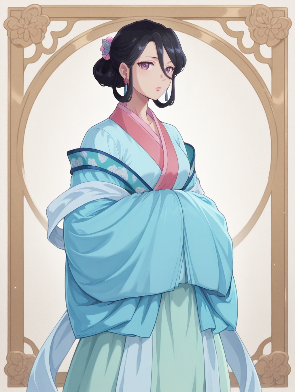 1girl,cowboy shot,
ywfr,hands in opposite sleeves,1girl,black hair,hair bun,hair ornament,hair rings,hair flower,purple eyes,pink lips,earrings,blue hanfu,pink trim,green skirt,blue shawl,hair between eyes,
looking at viewer,,<lora:ywfurong_noob:1>