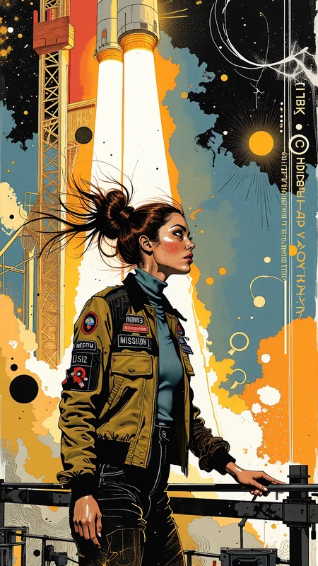 Nova-80s, style of Jim Mahfood, High-resolution anime-style illustration, soft painterly shading, a woman standing on a metal platform at a massive rocket launch station, wind rushing past as countdown sirens echo through the facility. Her brown hair is styled into an intricate folded ponytail, loose strands whipping around her excited, wide-eyed expression, her mouth slightly open in awe. She wears a sleek bomber jacket with mission patches over a fitted turtleneck and utility pants, gripping the railing as she watches the towering rocket ignite. Glowing geometric lines and numbers float around the scene, overlaying the metal structures, tracking telemetry and countdown data. Painterly dynamic lighting blending fiery oranges, deep blues, and industrial grays, creating an electrifying and cinematic atmosphere <lora:style_of_Jim_Mahfood_FLUX_333:1.0> <lora:lora.TA_trained_(1):0.3> <lora:Illustration_Style_IV:0.6>
