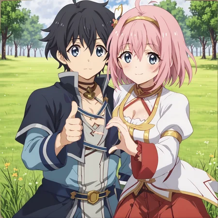 score_9, score_8_up, score_7_up, score_6_up, outdoors, field,
<lora:kataomoiH-pony:1>, kataomoiH,
<lora:yuuki_princess_connect_pony:1>, yuuki_princess_connect, black hair, blue eyes, short hair, hair between eyes, bangs, antenna hair, ahoge, 1boy, thumbs up, looking at viewer,
BREAK
<lora:yui_XL-bf16-pony-v1:1>, yui \(princess connect!\), 1girl, heart hand, looking at viewer,