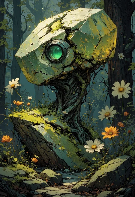 masterpiece, high-quality, hyperdetailed, refined details, best quality, high resolution, A gemstone golem slowly blooming into life, moss and flowers sprouting from cracks in its crystalline body as it awakens, its eyes, initially dull stones, begin to glow with an inner emerald light, dawn light filters through a forest, illuminating the golems nascent awakening, wide shot capturing the golems full form and the blooming flora, Style is Biomorphic Gemstone Animation, focus on contrasting textures of crystal and organic, gentle and wondrous, sense of slow awakening and natural magic, <lora:FLUX\Anime v1.3:0.5> <lora:FLUX\Emberveil digital painting:0.8> <lora:FLUX\Anime Art V3:0.6>