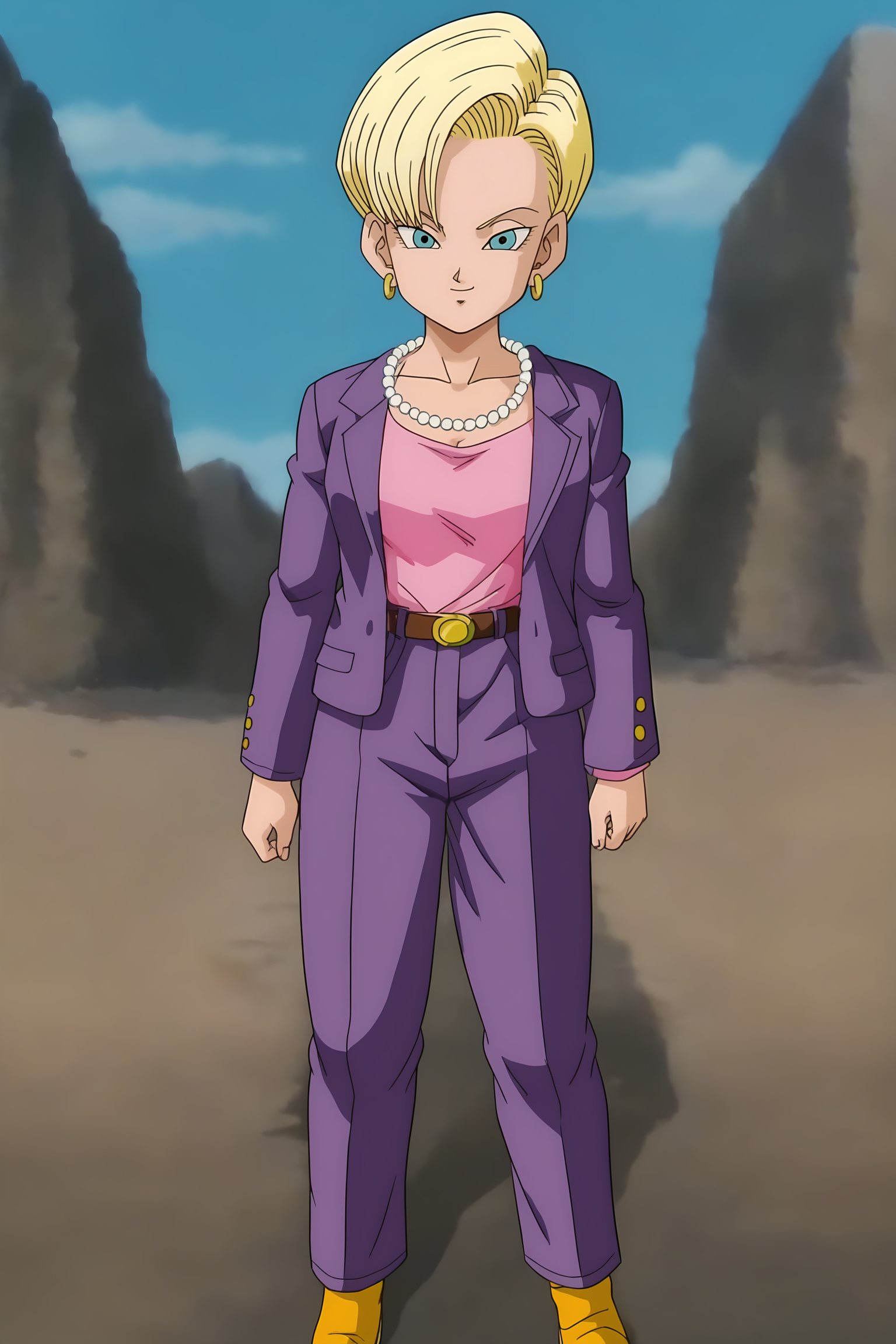 source_anime, score_9, score_8_up, score_7_up, anime screencap, absurdres,
android 18, very short hair, blue eyes, blonde hair, bangs
official style, standing, cowboy shot, looking at viewer, ((from above)), rock, day, outdoors, smile, blue sky, canyon, 
dragon ball gt, gt suit, pearl necklace, open blazer,  gold earrings, purple jacket, lapels, high waisted bottomwear, purple pants, pink shirt, shirt tucked in, belt,
 <lora:c18_v1:0.8>