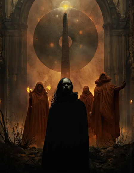 Art by Col Price. A digital illustration shoot from a frontal camera angle about a dark, ominous scene featuring a large, glowing orb above a group of silhouetted figures. the image also shows a mystical atmosphere. in the middle of the image, a man with a bald head and long hair, wearing a dark cloak, appears to be in his late 20s, standing in the foreground. he has a serious expression and is facing the viewer. to his right, another man is standing, holding a torch in his hand, and to his left, a third man is also standing. the man with the long hair and bald head is wearing dark cloak and has a beard. he is surrounded by other figures, all of whom appear to be shrouded in darkness. the background features a tall, obelisk-like structure with a glowing orb at the top, and the scene is illuminated by a warm, orange glow. the overall mood is ominous and foreboding, with a focus on the dark, mysterious figures