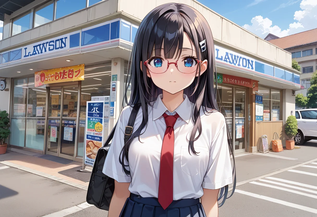 score_9, score_8_up, score_7_up, rating_safe, masterpiece, best quality, absurdres, unity 8k wallpaper, official art, official style, source_anime, uncensored, game cg, megami magazine,
1girl, solo, glasses, black hair, long hair, collared shirt, red necktie, pleated skirt, blue skirt, looking at viewer, blush, upper body,
lawson, konbini, scenery, shop, outdoors, day, building, sign, real world location, storefront
<lora:lawson_storefront_PONY_V1:1>