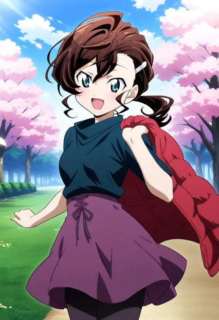 1girl,Inuyama Mana,GeGeGe no Kitarou,year 2019,solo,(day:1.5),urban park with blooming flowers in spring,cowboy shot,happy,(discard unworn jacket:1.5),(crimson Down jacket:1.4),(right Placket jacket:1.4),(lavenderblush skirt:1.5),Lace-up (high-waist:1.5) skirt,blue eyes,1 hair tie,Ahoge,(wavy hair),(Brown:1.5) medium hair,swept bangs and (hair pulled back:1.2),(low ponytail),hair between eyes,(single hair intake:1.5),sideburns,(Loose high-neck topwear),black topwear,pantyhose,1 silver hairpin,masterpiece, best quality, very aesthetic, absurdres,perfect