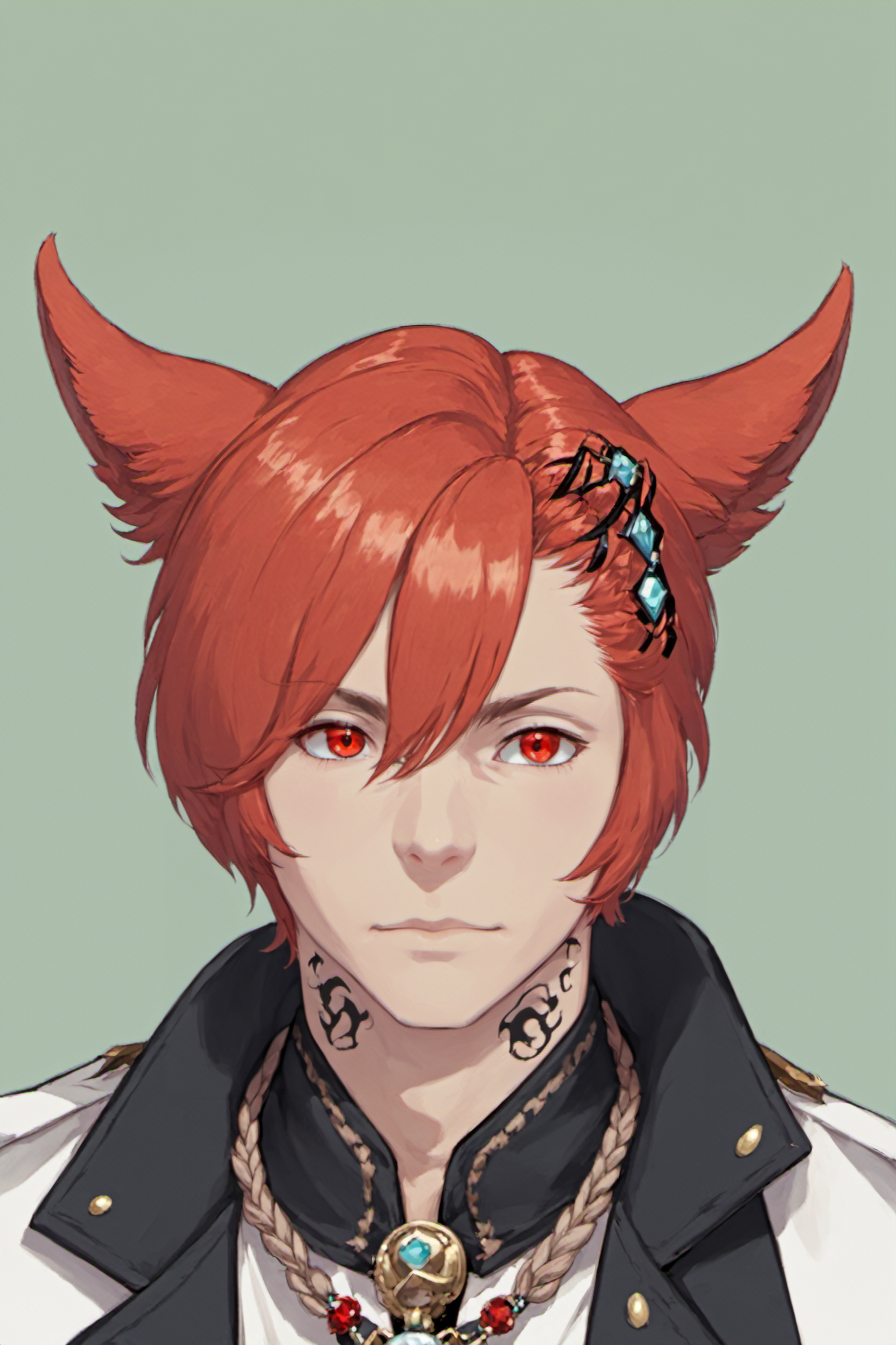 G'raha Tia,  solo,  short hair,  simple background,  shirt,  red eyes,  gloves,  long sleeves,  1boy,  animal ears,  hair between eyes,  jewelry,  jacket,  upper body,  braid,  male focus,  red hair,  belt,  cat ears,  white gloves,  looking to the side,  single braid,  swept bangs,  turtleneck,  facial mark,  ring,  white jacket,  green background,  braided ponytail,  miqo'te,  neck tattoo, <lora:EMS-51676-EMS:0.800000>