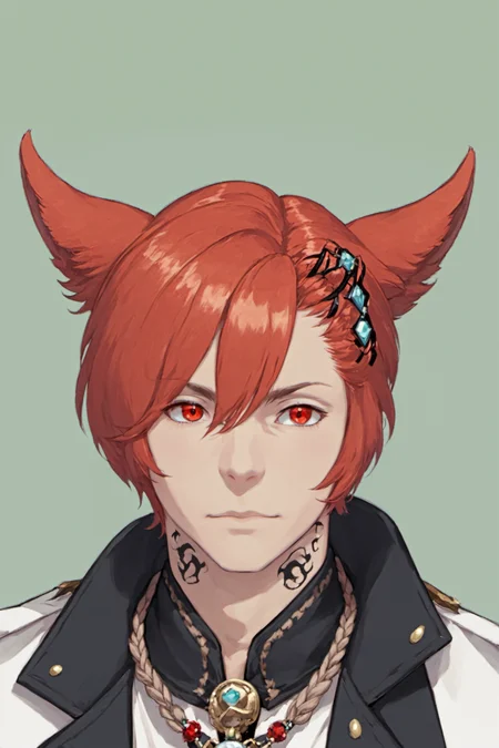 G'raha Tia, solo, short hair, simple background, shirt, red eyes, gloves, long sleeves, 1boy, animal ears, hair between eyes, jewelry, jacket, upper body, braid, male focus, red hair, belt, cat ears, white gloves, looking to the side, single braid, swept bangs, turtleneck, facial mark, ring, white jacket, green background, braided ponytail, miqo'te, neck tattoo, <lora:EMS-51676-EMS:0.800000>