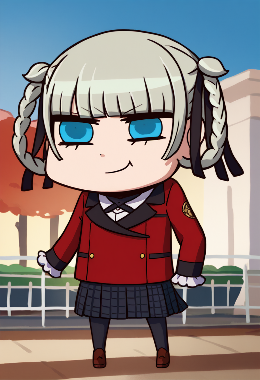 score_9, score_8_up, score_7_up, source_anime, chibi, april fools, solo, 1girl, momobami kirari, makeup, smirk, standing, grey hair, braided hair rings, twin braids, hair ribbon, blue eyes, school uniform, red jacket, long sleeves, frilled sleeves, black skirt, black pantyhose, brown footwear <lora:style_fgoaprilfools_ponyXL:1.1> <lora:kakegurui_momobami_ponyXL:1>
