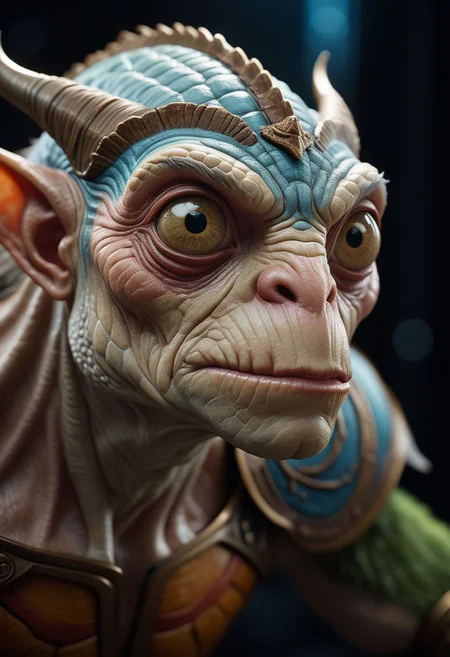 hyperrealistic art cinematic film still photography in the style of detailed hyperrealism photoshoot, creature, fantasy, James Christensen, bold lines, hyper detailed, . shallow depth of field, vignette, highly detailed, high budget, bokeh, cinemascope, moody, epic, gorgeous, film grain, grainy, extremely high-resolution details, photographic, realism pushed to extreme, fine texture, incredibly lifelike