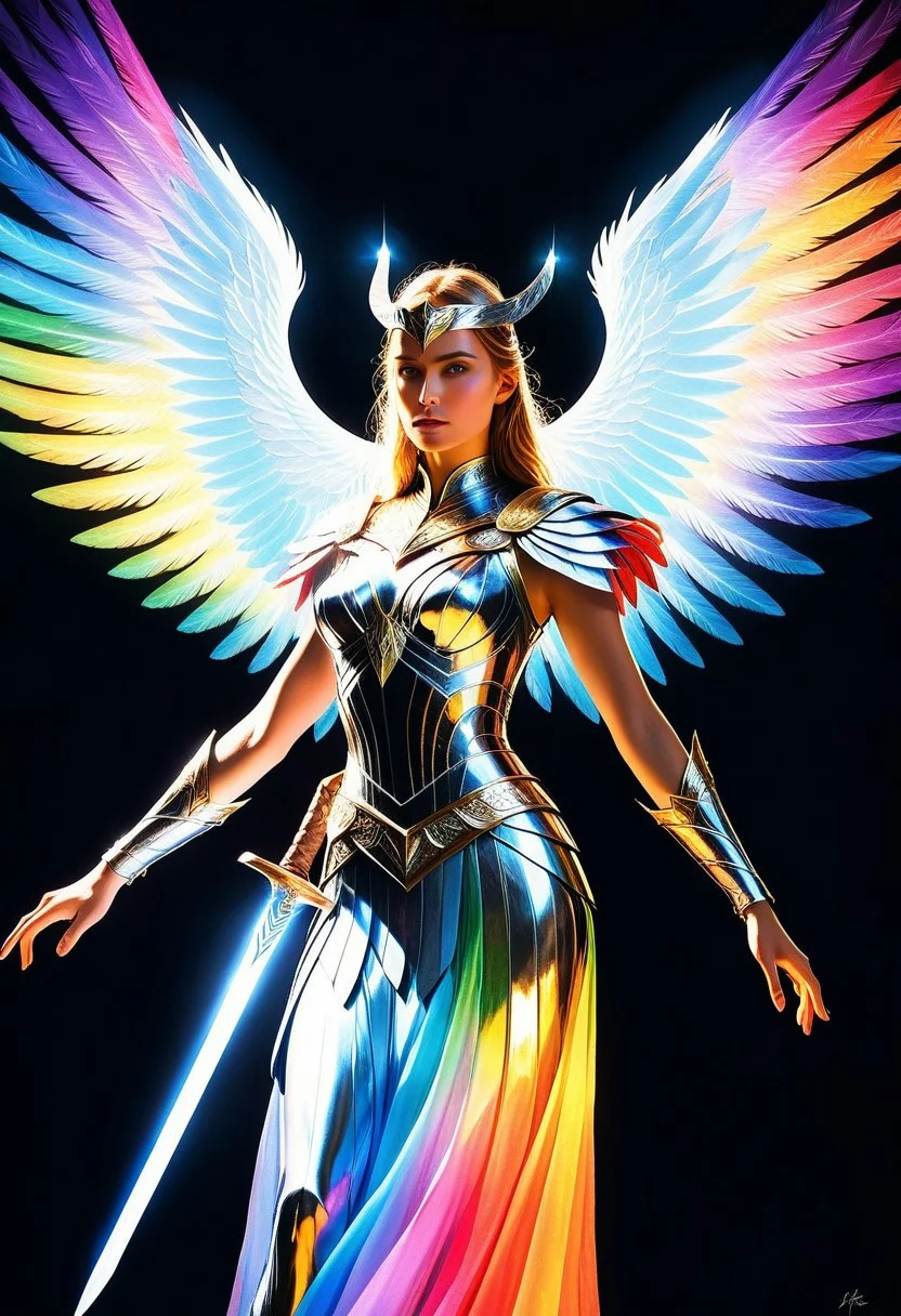 score_9, score_8_up, score_7_up, source_anime, BREAK, 1girl
ethereal fantasy concept art of psychedelic style close up portrait of A beautiful Asgardian warrior woman poses dynamically with glowing, ethereal wings arching from her back. The wings are large and feathered, radiating a mesmerizing glow that shifts from vibrant rainbow prismatic colours , as if woven from pure energy. Each feather appears semi-transparent, catching and reflecting light with a crystalline effect, casting a magical aura. Her wings pulse gently with a mystical light, accentuating her fierce, otherworldly presence. Dressed in ornate, silver Asgardian armor with intricate engravings, she holds a mighty prismatic sword pointing her sword at the viewer, while her other hand rests confidently on her hip, background of a dramatic fantasy godlen city under a stormy sky, illuminated by flashes of lightning. The overall scene is majestic, with an aura of ancient power and celestial beauty
, low-key lighting, atmospheric haze, underexposed, cinematic darkness, deep shadows ., <lora:artisketchyfs-v02:0.7> <lora:FluxMythV2:0.7> . shallow depth of field, vignette, highly detailed, high budget, bokeh, cinemascope, moody, epic, gorgeous, film grain, grainy . dark, mysterious, haunting, dramatic, ornate, detailed . vibrant colors, swirling patterns, abstract forms, surreal, trippy . magnificent, celestial, ethereal, painterly, epic, majestic, magical, fantasy art, cover art, dreamy