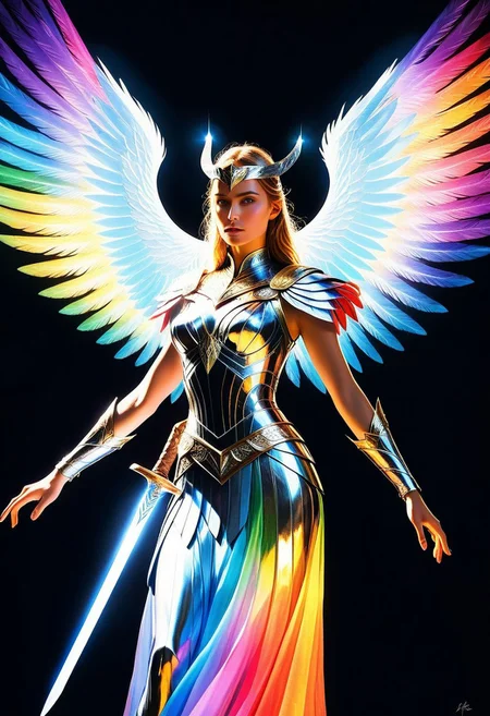 score_9, score_8_up, score_7_up, source_anime, BREAK, 1girl
ethereal fantasy concept art of psychedelic style close up portrait of A beautiful Asgardian warrior woman poses dynamically with glowing, ethereal wings arching from her back. The wings are large and feathered, radiating a mesmerizing glow that shifts from vibrant rainbow prismatic colours , as if woven from pure energy. Each feather appears semi-transparent, catching and reflecting light with a crystalline effect, casting a magical aura. Her wings pulse gently with a mystical light, accentuating her fierce, otherworldly presence. Dressed in ornate, silver Asgardian armor with intricate engravings, she holds a mighty prismatic sword pointing her sword at the viewer, while her other hand rests confidently on her hip, background of a dramatic fantasy godlen city under a stormy sky, illuminated by flashes of lightning. The overall scene is majestic, with an aura of ancient power and celestial beauty
, low-key lighting, atmospheric haze, underexposed, cinematic darkness, deep shadows ., <lora:artisketchyfs-v02:0.7> <lora:FluxMythV2:0.7> . shallow depth of field, vignette, highly detailed, high budget, bokeh, cinemascope, moody, epic, gorgeous, film grain, grainy . dark, mysterious, haunting, dramatic, ornate, detailed . vibrant colors, swirling patterns, abstract forms, surreal, trippy . magnificent, celestial, ethereal, painterly, epic, majestic, magical, fantasy art, cover art, dreamy
