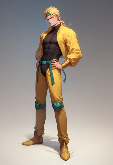 score_9, score_8_up, score_7_up, dioBrando, 1boy, yellow jacket, blonde hair, male focus, pointy footwear, headband, knee pads, hands on own hips, crotchless, full body, red eyes, sleeveless turtleneck leotard, yellow pants, <lora:DioBrando_pdxl_Incrs_v1:1>,