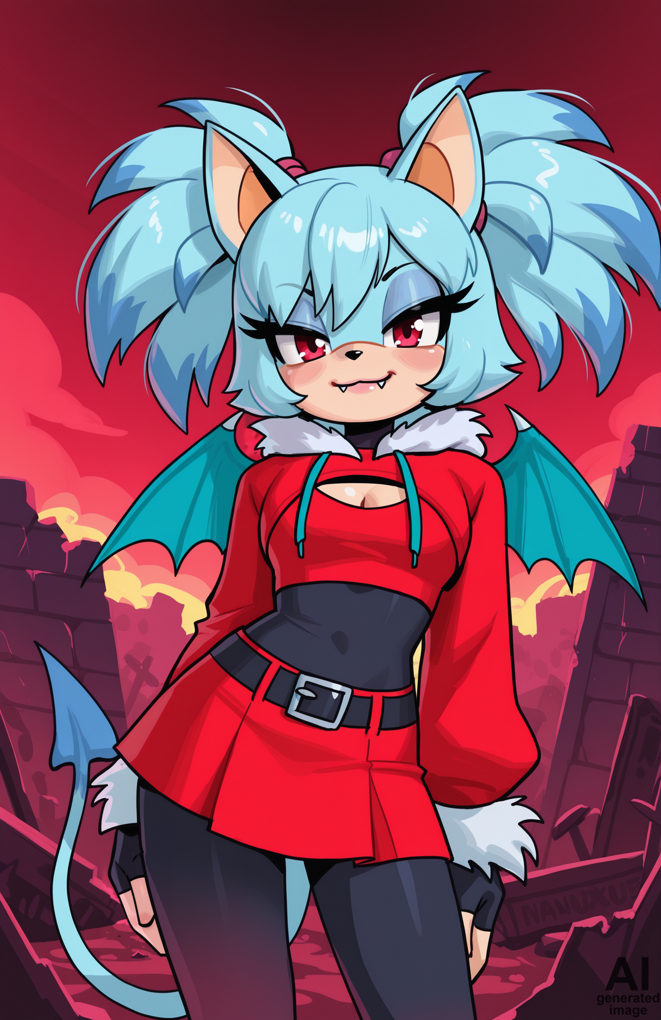 1girl, solo, ruins, hell, cloud, red sky, dark sky, fiery sky, fire, cowboy shot,
<lora:Nullantwins:0.8> zhuu, red eyes, blue hair,demon tail, blue tail, demon wings, blue wings, twintails, big hair, sonic \(series\), furry, (bat ears), bat girl, blue fur,
red hoodie, cropped hoodie, long sleeves, black bodysuit, fur-trimmed hoodie, blue fur, black gloves, fingerless gloves, cleavage cutout, red skirt, midriff, black belt, belt buckle, blue drawstring,
contrapposto, light smile, blush, looking at viewer, smug, :3, fangs out,
 <lora:knuxze:1> knuxze, extremely detailed, highres, masterpiece, best quality