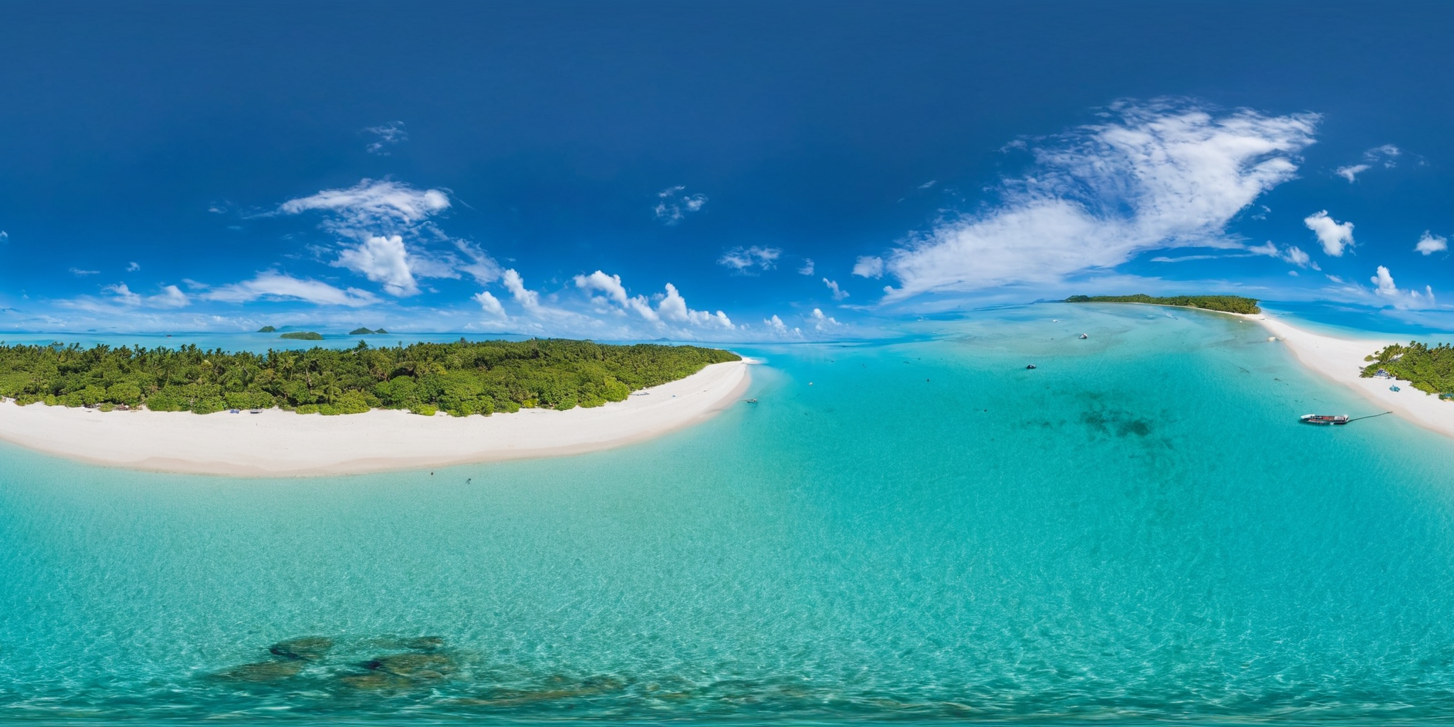 <lora:HMSGèªæå¨æ¯XL:1>,360panorama,Centered Horizon,No seams,Panoramic aerial photography,<lora:åå½±XL:1>,From high above, the aerial view captures the majestic isolation of an island in the midst of the azure ocean. Surrounded by swirling shades of blue and turquoise waters, the island is a verdant emerald, its lush foliage and white sandy beaches stand out as a vibrant contrast against the vastness of the sea. The island offers a sanctuary away from the world, a single speck of life and beauty in the immense blue canvas of the ocean. Waves gently lap at its shores, and the peaceful serenity of this secluded paradise is palpable even from the skies