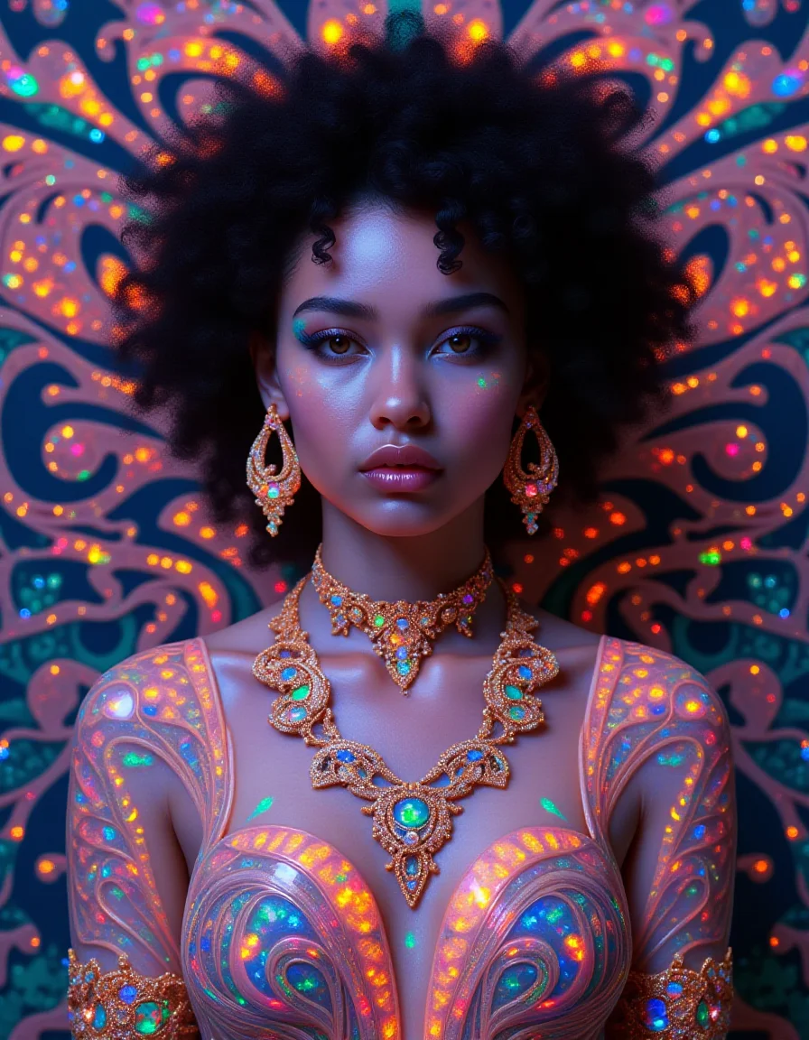 The modelâs neck, ears, and wrists are adorned with a glowing ral-opal jewelry set: a choker, earrings, and bracelets that radiate fractal light patterns in vivid hues of magenta, turquoise, and fiery gold. The jewelry appears to dissolve into infinite fractals that spiral outward from her body, merging with the surreal, kaleidoscopic background. Her skin glows faintly with opal patterns that reflect the jewelryâs hypnotic energy, while her piercing gaze grounds the viewer in the psychedelic scene.
<lora:ral-opal-flux_000004000:1>