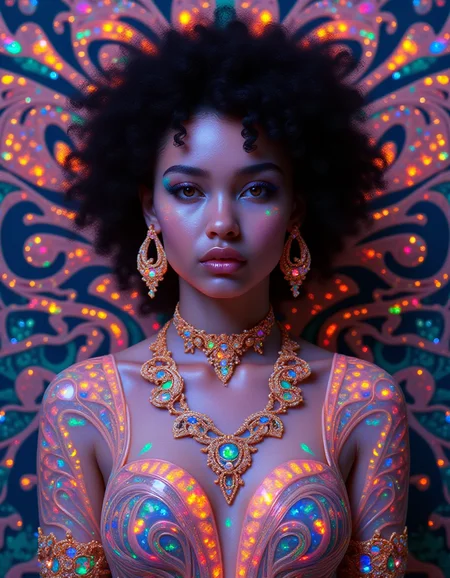 The modelâs neck, ears, and wrists are adorned with a glowing ral-opal jewelry set: a choker, earrings, and bracelets that radiate fractal light patterns in vivid hues of magenta, turquoise, and fiery gold. The jewelry appears to dissolve into infinite fractals that spiral outward from her body, merging with the surreal, kaleidoscopic background. Her skin glows faintly with opal patterns that reflect the jewelryâs hypnotic energy, while her piercing gaze grounds the viewer in the psychedelic scene.
<lora:ral-opal-flux_000004000:1>