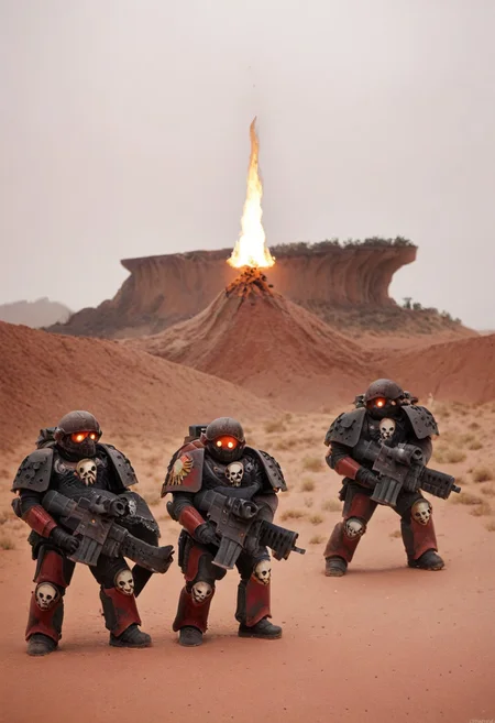 photo of damned, wearing full armor, skull, burning, flaming halo, flaming eyes, glowing eyes, armor, helm details, skull, scorch armor, armor detail, charred metal trimmings, holding gun, rifle,
battle, army, firing, gun,
standing by desert storm, sandstorm, dune, dark ambiance, ((dawn:1.2)), dim sun light, <lora:tool - add_detail:0.6> <lora:Legion of the Damned MK1 by CARAXES:0.7>