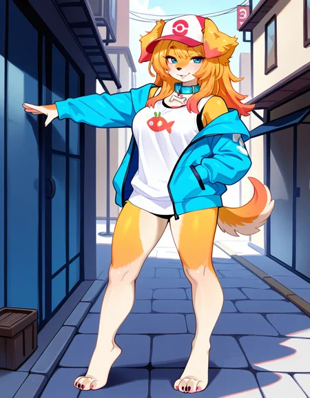 masterpiece, best quality, very aesthetic, absurdres,
outdoors,
barefoot, full body, standing, posing, 
seductive smile, parted lips, long eyelashes,
<lora:Blue_v01_NAIXL:1>
81u3,1girl,solo,furry,furry female,dog girl,dog ears,long hair,blonde hair,multicolored hair,orange hair,baseball cap,blue eyes,
snout,animal nose,collar,body fur,two-tone fur,dog tail,