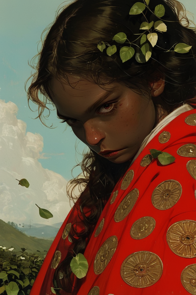 Full-body hyper-realistic portrait, woman, medieval brass breastplate, flowing robe, feminine ancient clothing, medieval elegance, deep red robe, pristine white scarf, poised medieval aesthetic pose, lush green leaves, thick rounded bushes with shadows, rugged rocky mountains, vivid blue sky, thick fluffy clouds, ancient umbrella with intricate golden embroidery, long curly hair, extremely oily sheen, brown skin with elegant oily finish, soft light reflections, lifelike realism, timeless elegance, medieval artistry, Hans Memling style, Jan van Eyck detailing, HD, ultra-detailed, masterpiece artwork, sinozick style, flat color, dark theme, Expressiveh, g4n1m3, comicbookpage style, 1girl, adult, solo, score_9, score_8_up, score_7_up.