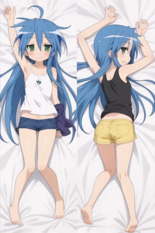 best quality, (konataFull-10000:.9), (dakimakura:1.3), ass up, laying on back, full body, black tanktop, yellow short shorts