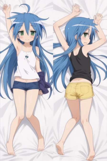 best quality, (konataFull-10000:.9), (dakimakura:1.3), ass up, laying on back, full body, black tanktop, yellow short shorts