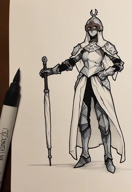 masterpiece, best quality, eztmnzrth, colored skin, grey skin, white veil, white capelet, helm, eye mask, covered eyes, breastplate, chainmail, shoulder armor, gauntlets, faulds, waist cape, white cape, greaves, whiteboard \(medium\), marker \(medium\), photoshop \(medium\), traditional media, monochrome, graphite \(medium\)
<lora:Throne Watcher:0.8>