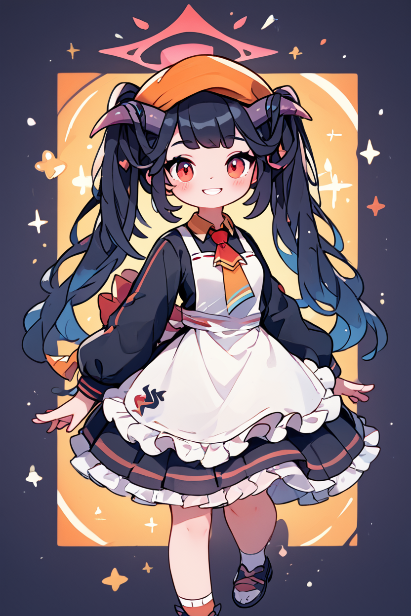 score_9, score_8_up, score_8, medium breasts, (curvy), cute, eyelashes,       BREAK, , ,,, zzFuuka, red eyes, black hair, long hair, horns, halo, demon horns, twintails black dress, white apron, frilled apron,  orange headwear, school uniform, necktie,  <lora:Fuuka_BlueArchive_PDXL:0.8>,   ,,,, BREAK, socks, big shoes, ,,, smile, looking at viewer, cowboy shot, ,,, embedding:zPDXL, Expressiveh, ,,, <lora:CuteToonPDXL:0.8>, <lora:SDXLFaeTastic2400:0.5>, <lora:Expressive_H-000001:0.4>,