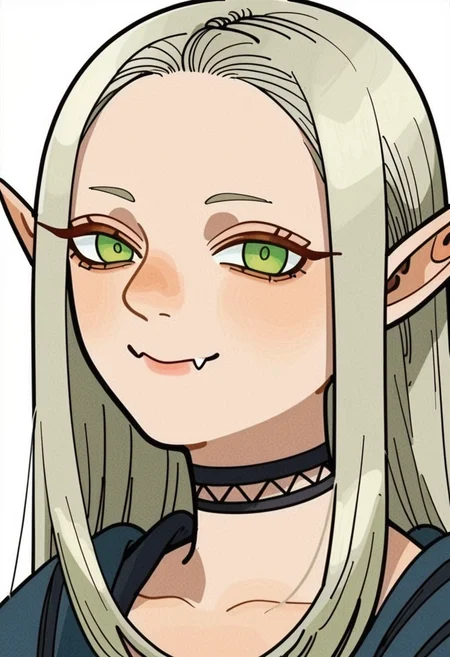 score_9_up score_8_up score_7_up, elf, portrait, 1girl, solo, long hair, white background, simple background, looking at viewer, choker, green eyes, grey hair, closed mouth, smile, fang, black choker
<lora:dungeon_meshi_races_pony7_d16:1>