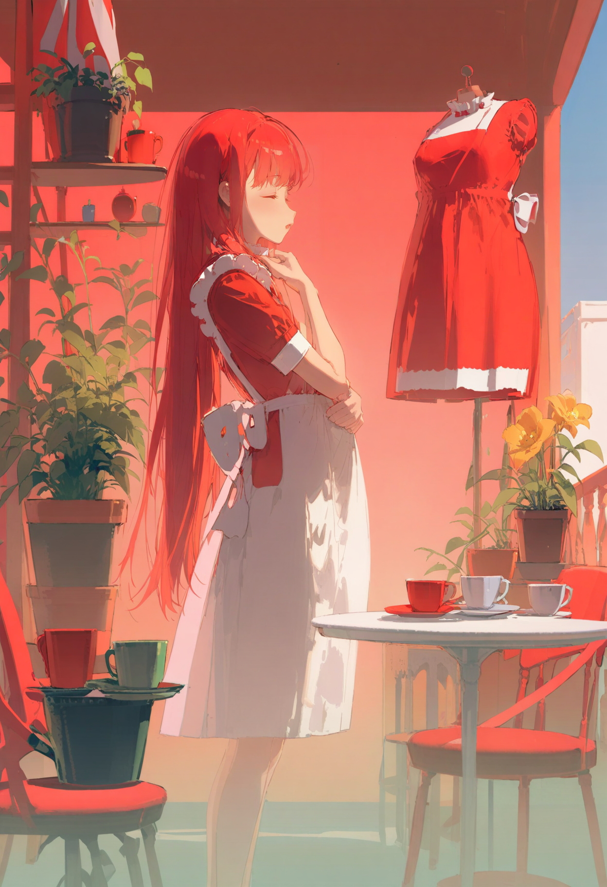 masterpiece, best quality, <lora:REDUMXLANI31lokrV53P1-000121:0.95>  1girl, long hair, solo, dress, apron, plant, red hair, flower, white apron, red theme, short sleeves, holding, potted plant, balcony, table, cup, profile, standing, open mouth, closed eyes, white dress, from side, clothes hanger, sky
