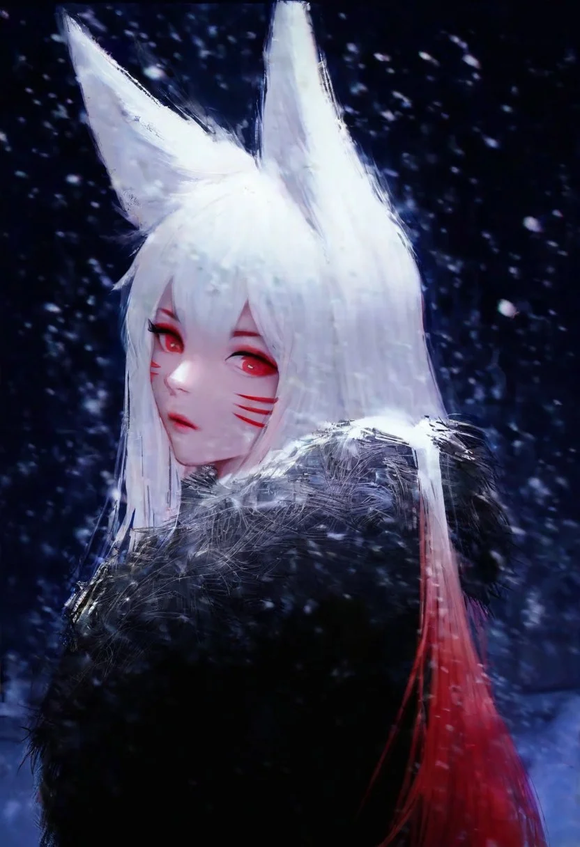 1girl,fox ears,red eyes,white hair,red hair,long hair,looking at viewer,multicolored hair,whisker markings,fur trim,upper body,from side,snowing,night street background,masterpiece,