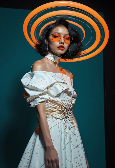 image of a 25yo, a young korean woman, pale fair skin, pretty, red lips, dark asymmetric shoulder-length hair cut hair, messy hair, fashionable, A woman levitating above a spiraling vortex, her body draped in fabrics with geometric shapes. white dress, with orange gold shapes, teal while spirals light projection, light projection effect, neckbone, off-shoulder dress, dark background pitch black background, depth, artistic composition, surreal editorial photography, conceptual fashion art, bold color contrast, dramatic lighting, high-concept staging, hyperrealistic depth, avant-garde poses, stylized human figures, immersive narrative composition, fine art fashion fusion, visually striking surrealism, theatrical visual storytelling, high fashion, gel lighting, lighting projection from offscreen, projector, realism, poster, glass, tinted eyewear, digital glitch background, glass body, see-through, digital glitces, <lora:FF.101.juggernautXL_version6Rundiffusion.LORA:0.75> <lora:fenn_neoncolor:0.76> <lora:Elegence_Niji:0.8> <lora:mot_wwm:0.35> <lora:NeonSpectra:1>