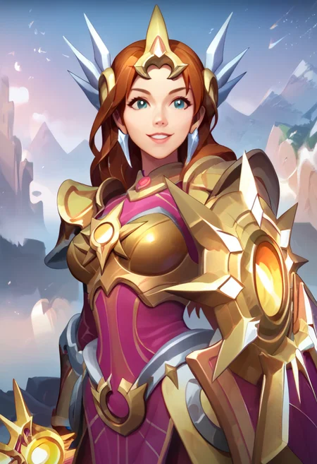 masterpiece, best quality, highly detailed, score_9, score_8_up, Leona, 1girl, sunny, brown hair, long hair, day, weapon, armor, breasts, parted lips, orange armor, crown, hair accessories, smile, sword, shield, medium breasts, close up, (zoom in:1.8), face focus:1.8, <lora:Base_Leona_LoL_PonySDXL:0.8>