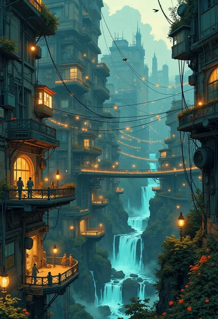 A sprawling cyberpunk metropolis built within a gargantuan, honeycomb-shaped beehive clinging precariously to the edge of a colossal cliff, glowing neon pathways tracing intricate geometric patterns along the hive walls, swarms of bio-mechanical bees patrolling the skies, humanoid figures with animalistic features bustling through bustling markets suspended within the hive cells, vibrant green and yellow luminescent flora growing from the hive, roaring waterfalls cascading down the cliffside, blending seamlessly with the city’s energy conduits, the setting bathed in a mix of amber glow from the hive and cold blue light from the cybernetic infrastructure. John William Waterhouse style, romanticism