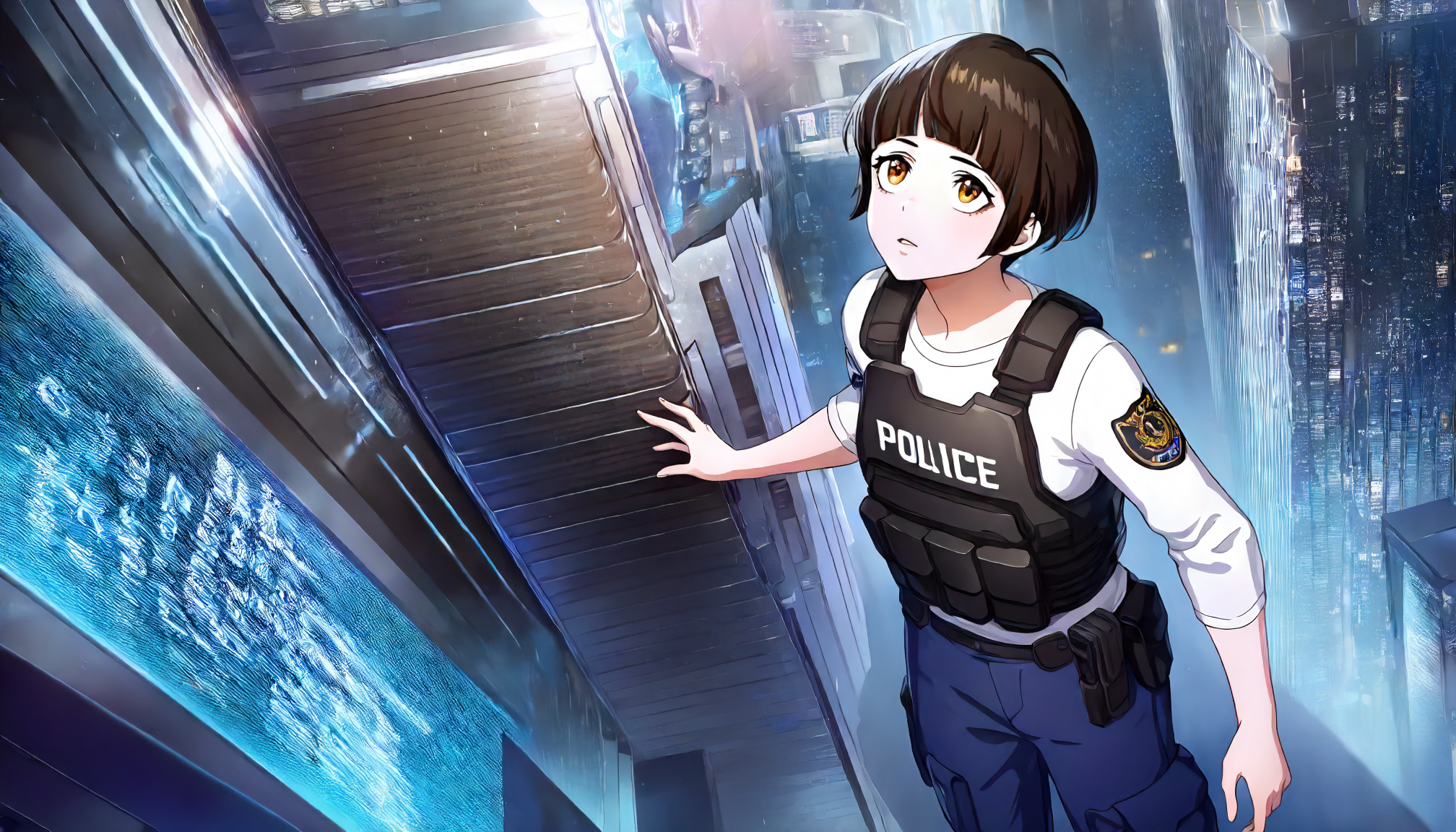 <lora:illustrious_XL_tsunemori:0.9>,
detailed background,city,downtown,science fiction,glitter,
parted lips,
looking at another,looking up,
solo,
tsunemori,1girl,female police officer,white shirt,bulletproof vest,blue pants,cargo_pants,
standing,