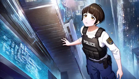<lora:illustrious_XL_tsunemori:0.9>,
detailed background,city,downtown,science fiction,glitter,
parted lips,
looking at another,looking up,
solo,
tsunemori,1girl,female police officer,white shirt,bulletproof vest,blue pants,cargo_pants,
standing,