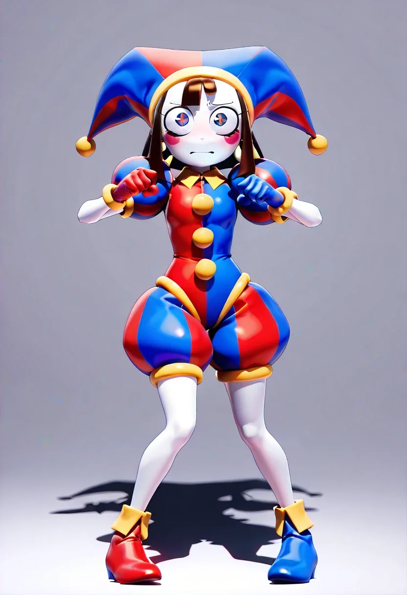 PomniTADC, 1girl, blue eyes, brown hair, red eyes, gloves, hat, short sleeves, puffy sleeves, puffy short sleeves, symbol-shaped pupils, blush stickers, red gloves, facepaint, jester cap, colored skin, white skin, blue shoes, red shoes, blue gloves, solo, full body, 3d, render, v pose, worried expression
