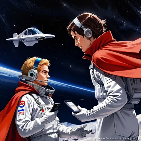 hairband, watermark, holding phone, space, spacesuit, 2boys, instrument, animification, red cape