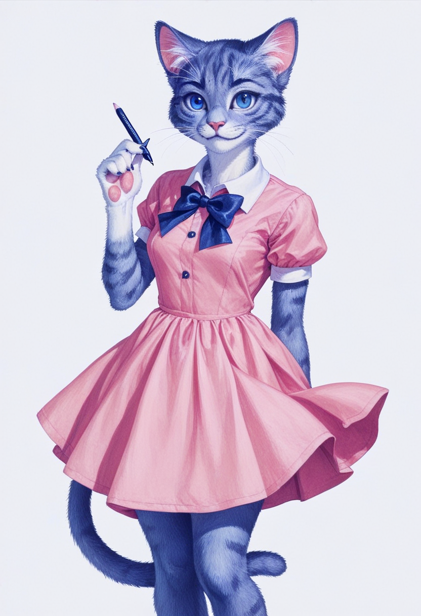 score_9, score_8_up, score_7_up, score_6_up, score_5_up, score_4_up, source_furry, sharp focus, high contrast, artistic
(pencil drawing, ballpoint pen drawing \(style\):1.4)
BREAK
1girl, solo, looking at viewer, confident smile, short sleeves, small dress, closed mouth, standing, tail, hand up, bowtie, pink dress, furry, cat girl, furry female
<lora:Blue_2:1>