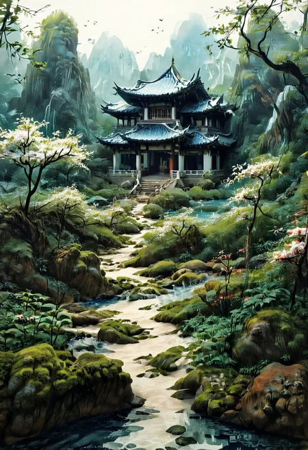 An asian House and Sakura garden made of blue and white porcelain, asian landscape in the background, SimpleNegativeV3,zavy-chnsdrgn, masterpiece, award winning, very detailed, porcellana style